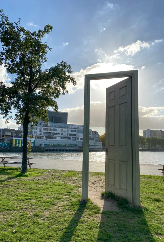 Freistehende Holztür auf einer Wiese nahe am Wasser, mit Sonnenlicht im Hintergrund